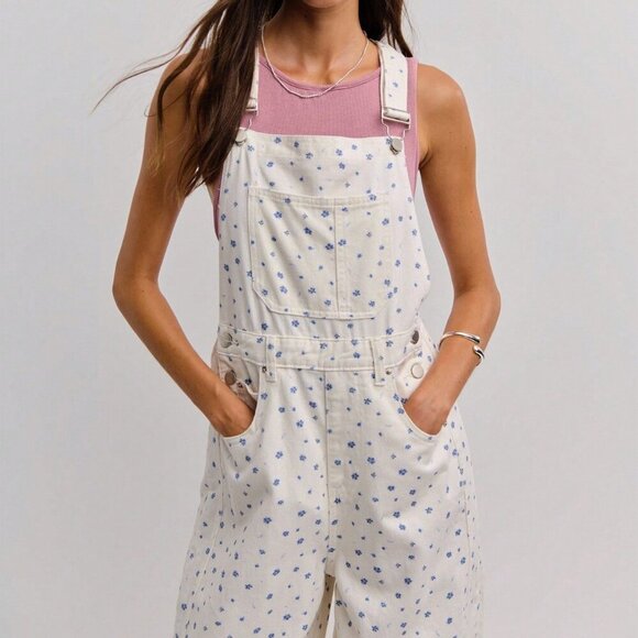 Multicolor Casual Women's ditsy Floral Print Wide-Leg Denim Overalls jumpsuit - Picture 4 of 8